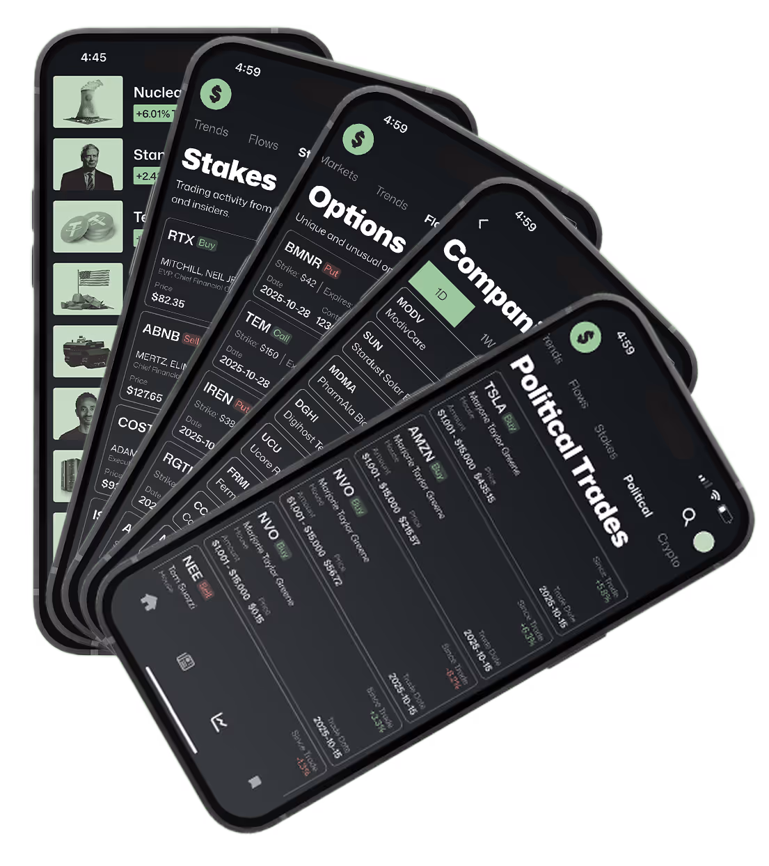 Five smartphone screens displaying The New Money app features including options flow, insider trades, political trades, and stock trends